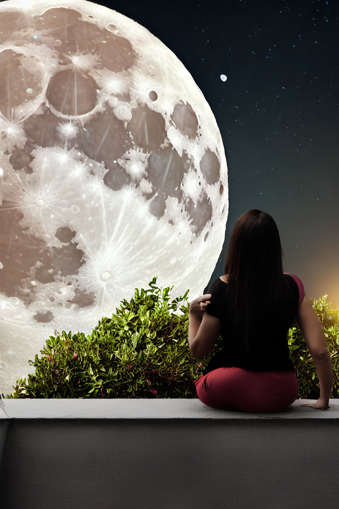 Woman sitting on ledge under large moon in starry night sky.