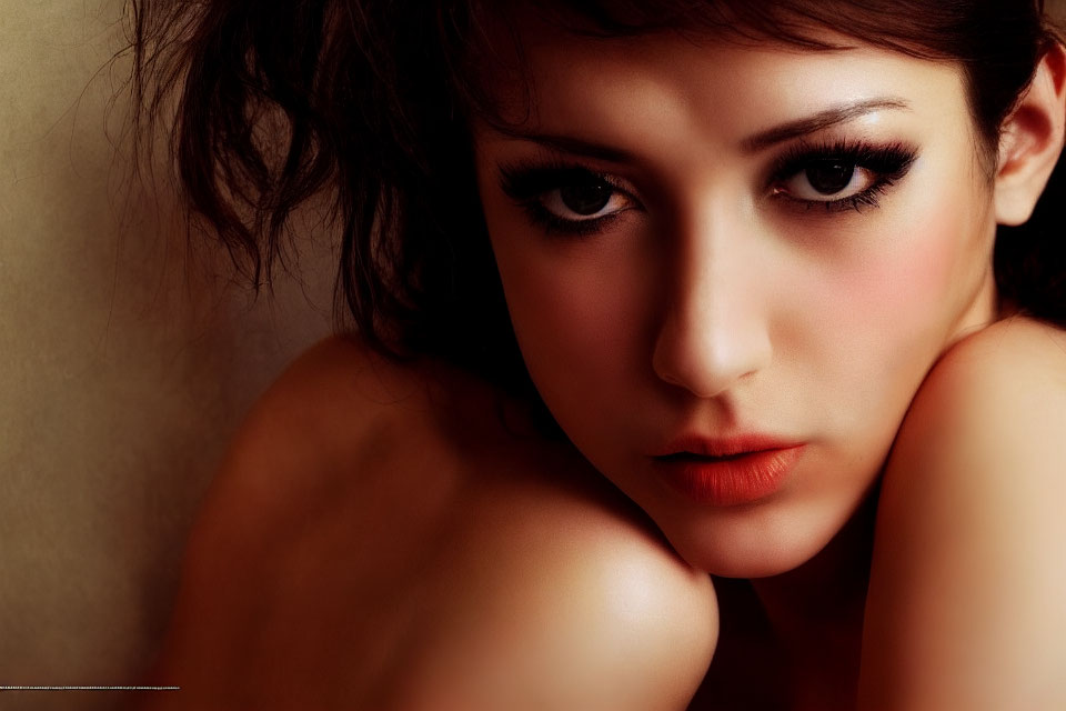 Close-up portrait of woman with dramatic eye makeup and tousled hair.