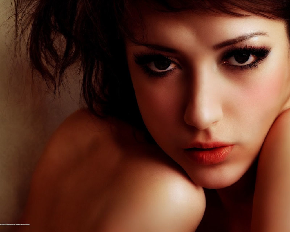 Close-up portrait of woman with dramatic eye makeup and tousled hair.