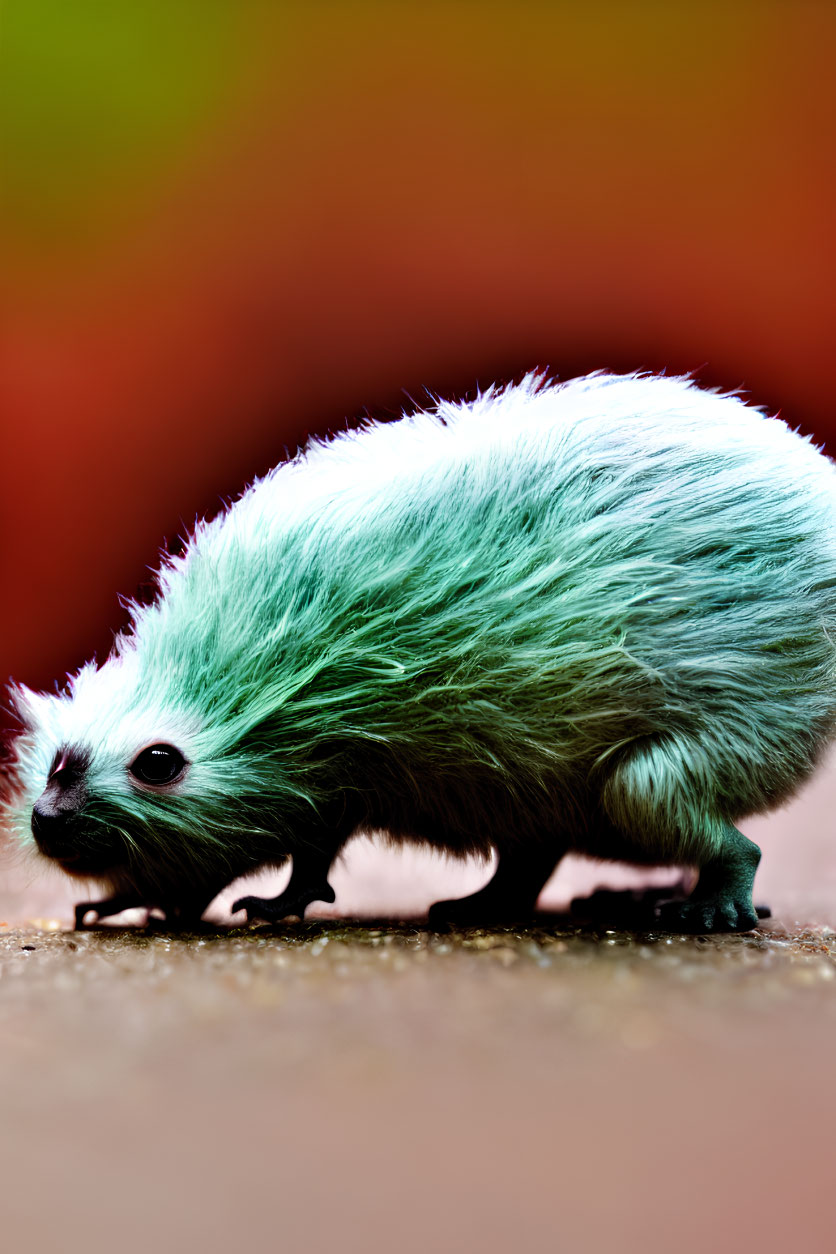 Green furry creature with round body and small ears on orange and red background