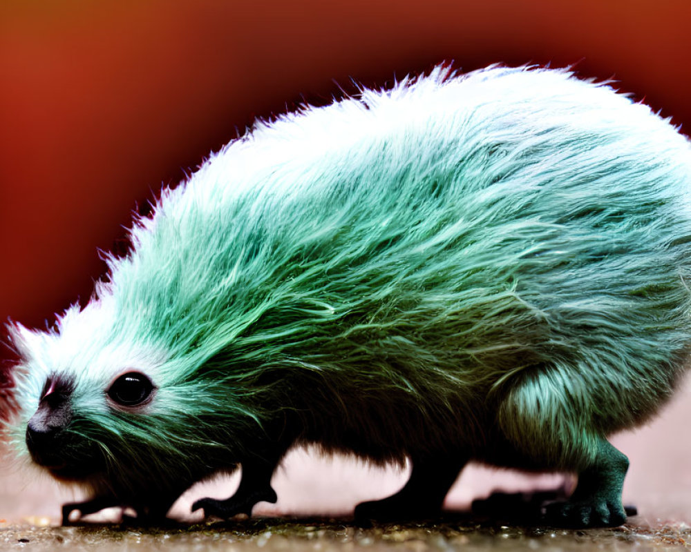 Green furry creature with round body and small ears on orange and red background