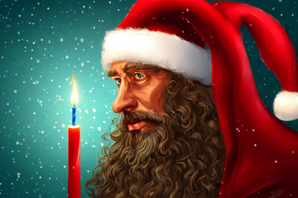 Detailed Close-Up Illustration of Contemplative Santa Claus with Burning Candle