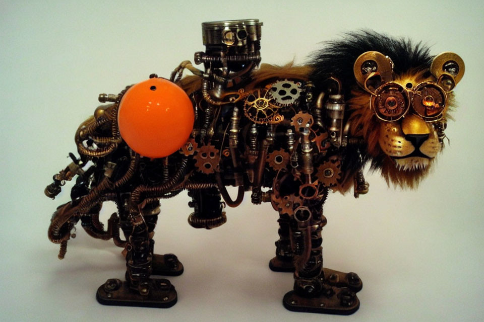 Steampunk-style mechanical lion sculpture with gears, pipes, metallic structure, and orange sphere.