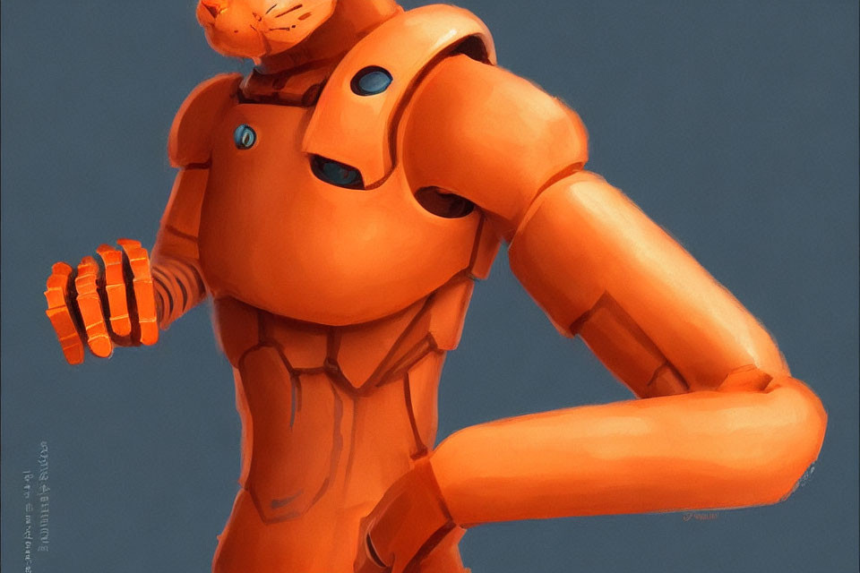 Orange humanoid robot with circular joints and blue-glowing eyes in motion on gray background
