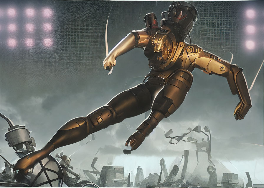 Dynamic humanoid figure in armor leaps in dystopian setting with floodlights.