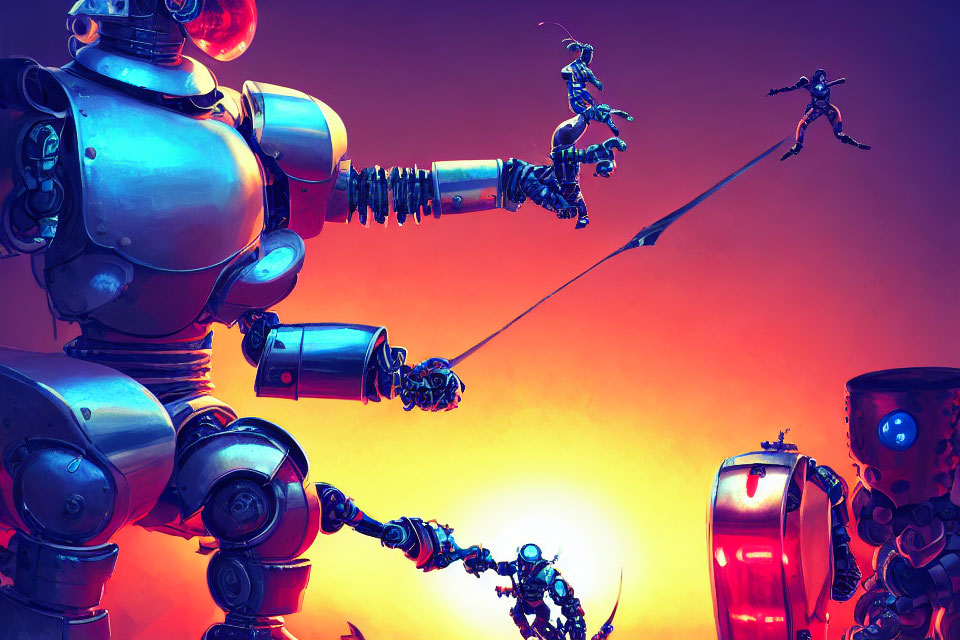 Stylized image of large robot reaching to smaller figure on rope