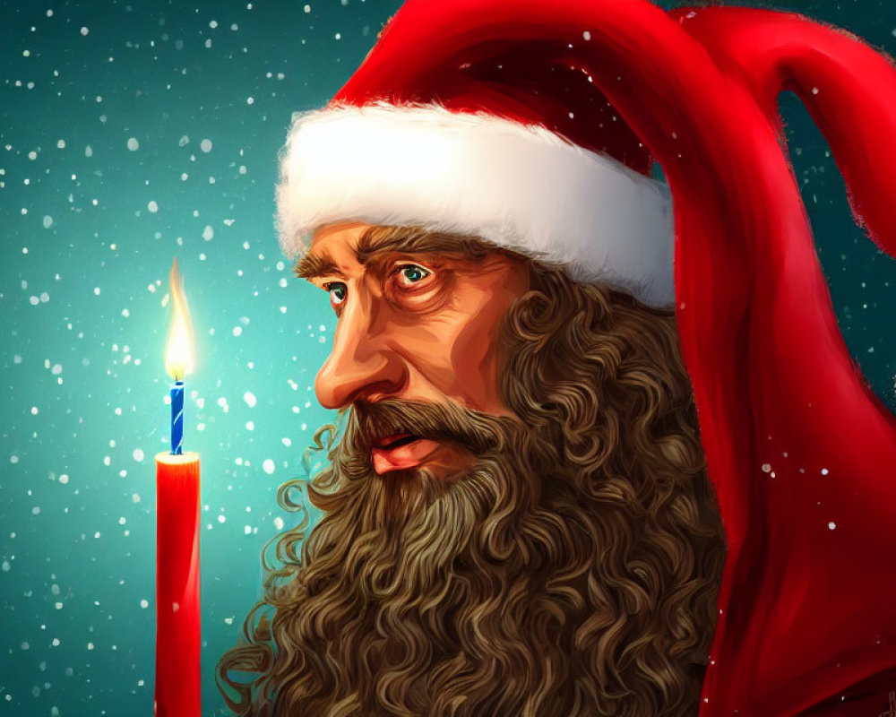 Detailed Close-Up Illustration of Contemplative Santa Claus with Burning Candle