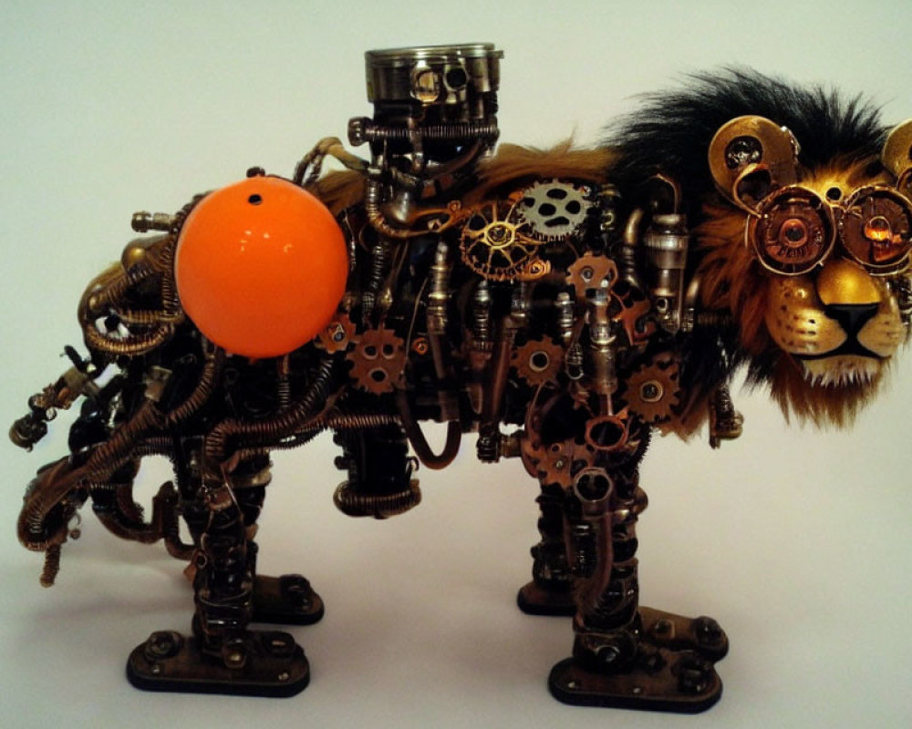 Steampunk-style mechanical lion sculpture with gears, pipes, metallic structure, and orange sphere.
