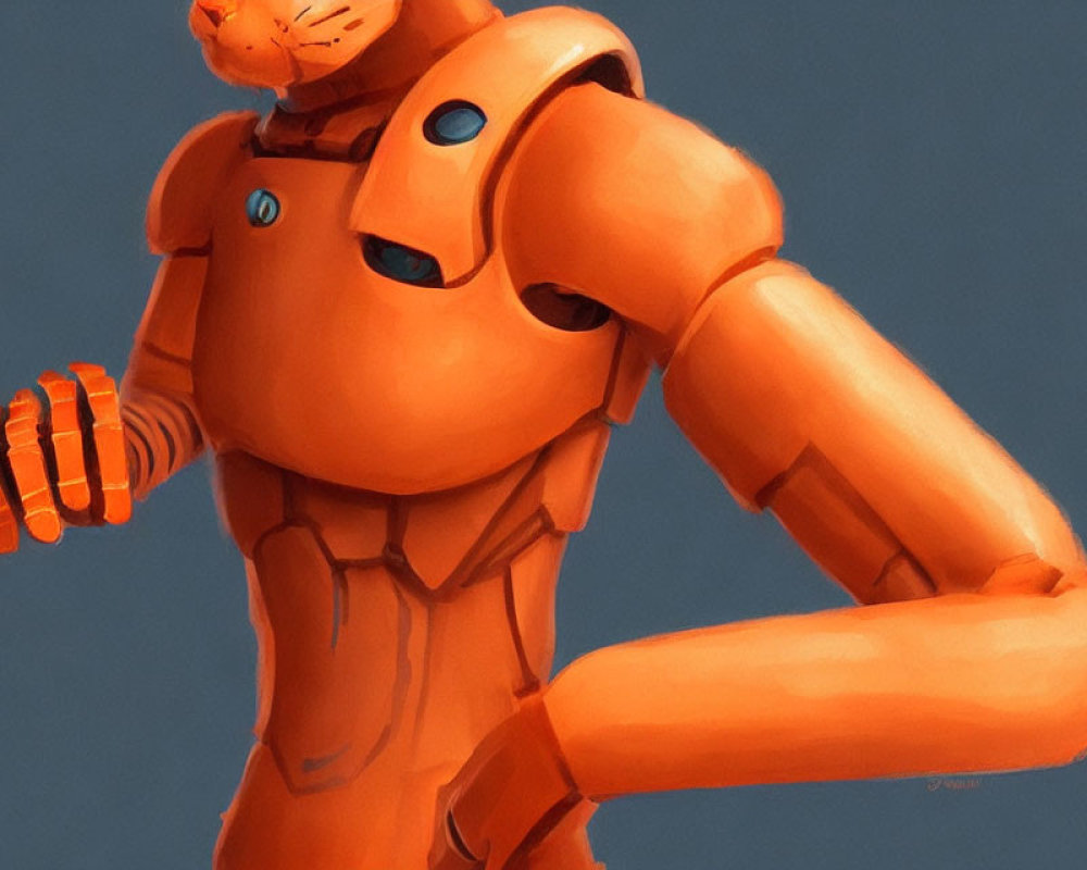 Orange humanoid robot with circular joints and blue-glowing eyes in motion on gray background