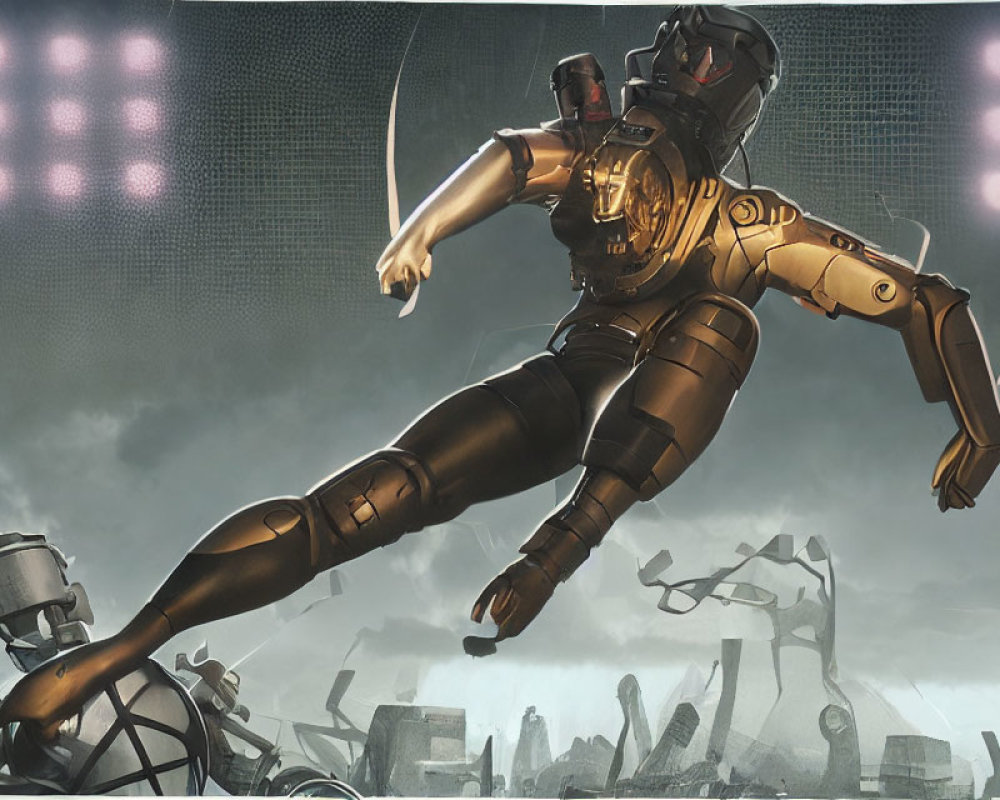 Dynamic humanoid figure in armor leaps in dystopian setting with floodlights.