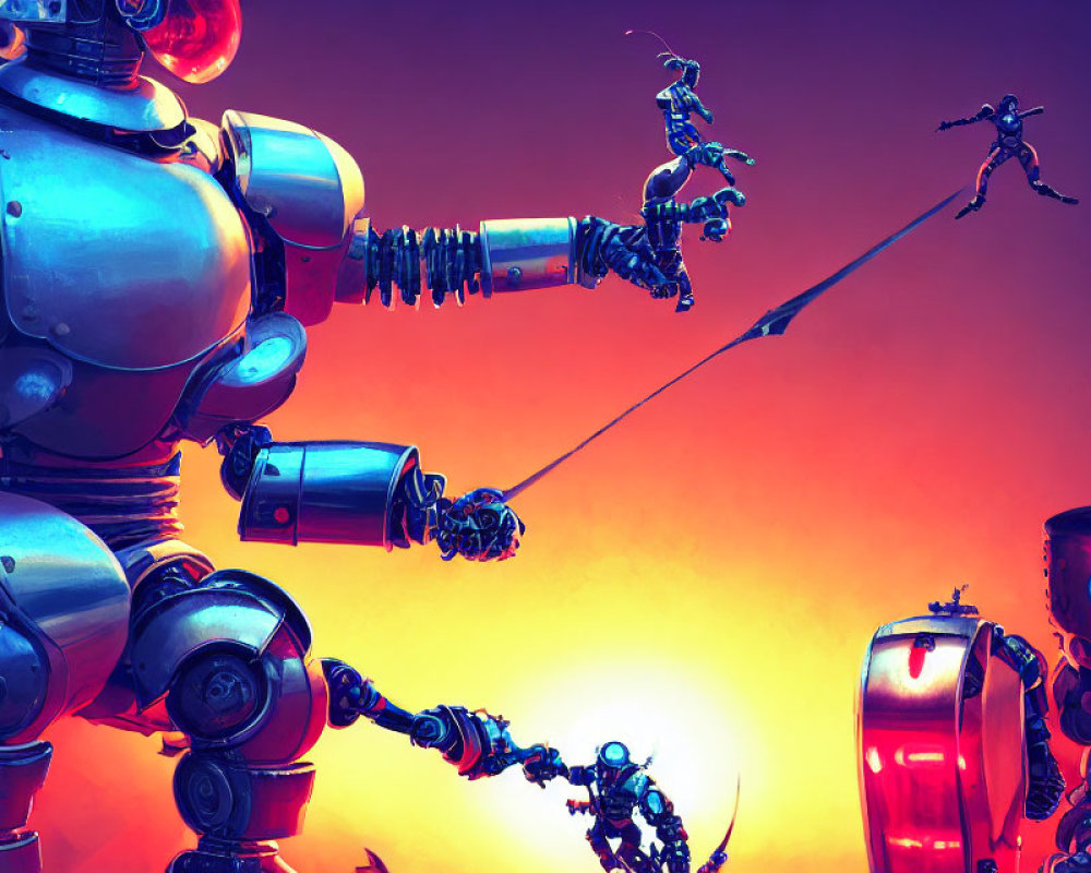 Stylized image of large robot reaching to smaller figure on rope