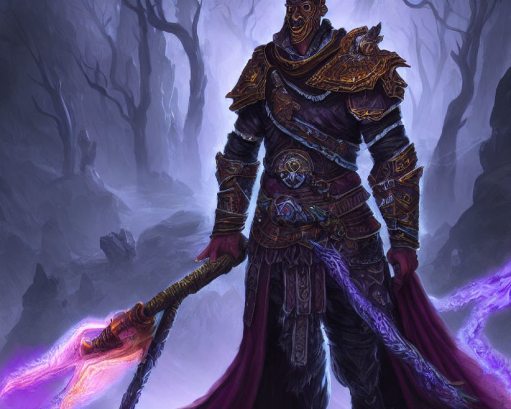 Armored fantasy character with glowing purple staff in misty forest