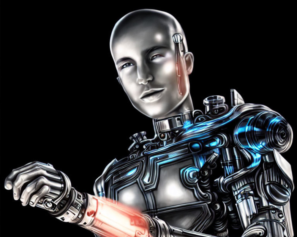 Detailed futuristic humanoid robot with bald head, glowing blue elements, and red-tinted arm