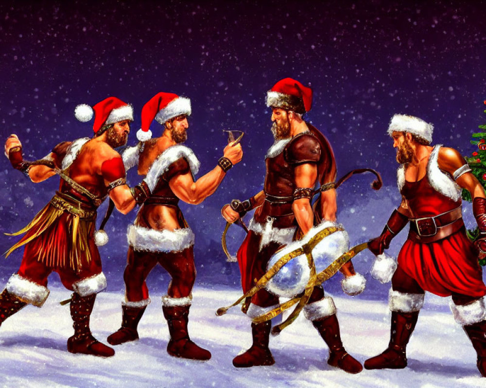 Four Muscular Men in Viking Santa Costumes by Christmas Tree