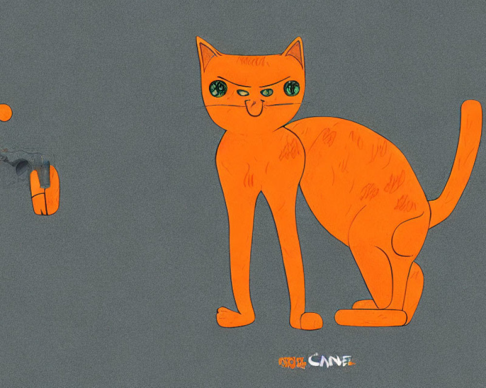 Orange Cartoon Cat with Green Eyes and Stripes Standing Next to Detached Tail on Grey Background