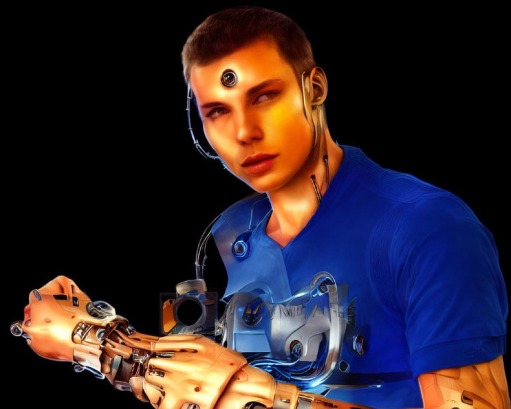 Male figure with cybernetic enhancements: Transparent arm, tech interfaces.