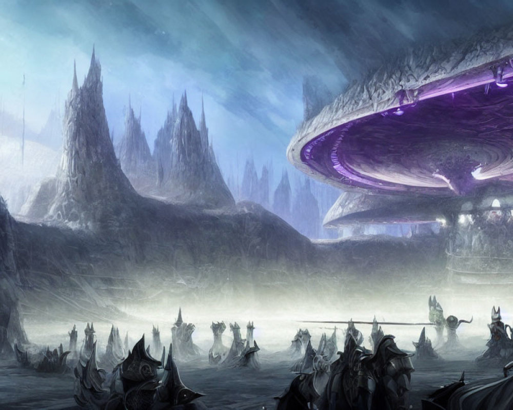 Icy landscape with alien spaceship emitting purple glow