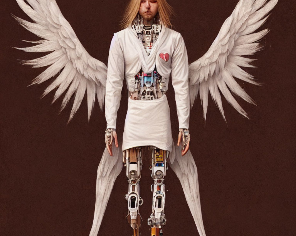 Blonde person with angel wings and robotic legs in white outfit