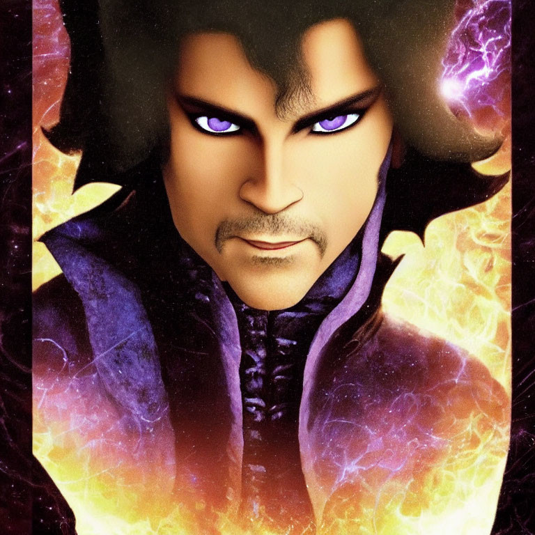 Illustration: Person with piercing violet eyes in dark, flame-like aura against cosmic backdrop