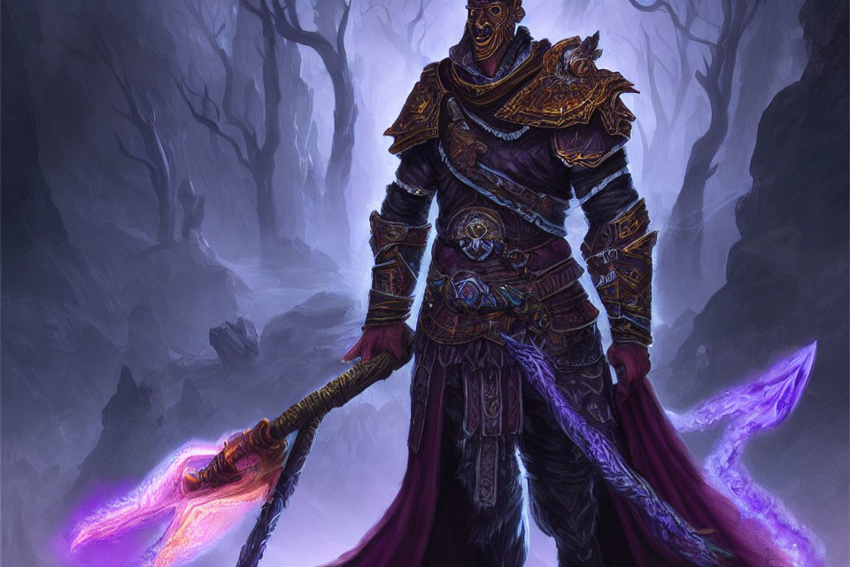 Armored fantasy character with glowing purple staff in misty forest