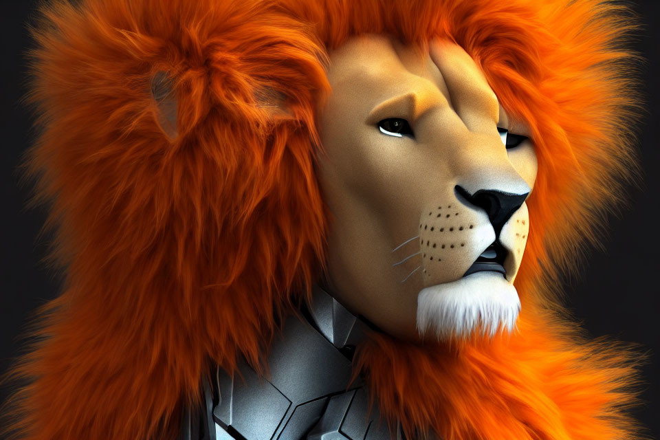 Digital art: Lion with mane merging into metallic armor on dark backdrop