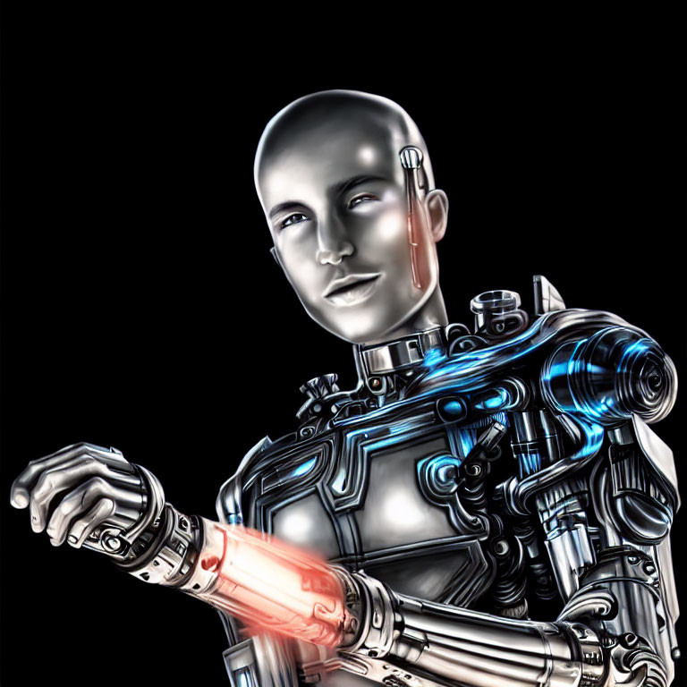 Detailed futuristic humanoid robot with bald head, glowing blue elements, and red-tinted arm