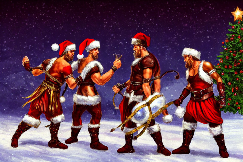 Four Muscular Men in Viking Santa Costumes by Christmas Tree