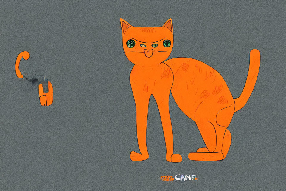 Orange Cartoon Cat with Green Eyes and Stripes Standing Next to Detached Tail on Grey Background