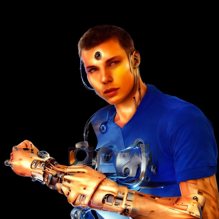 Male figure with cybernetic enhancements: Transparent arm, tech interfaces.