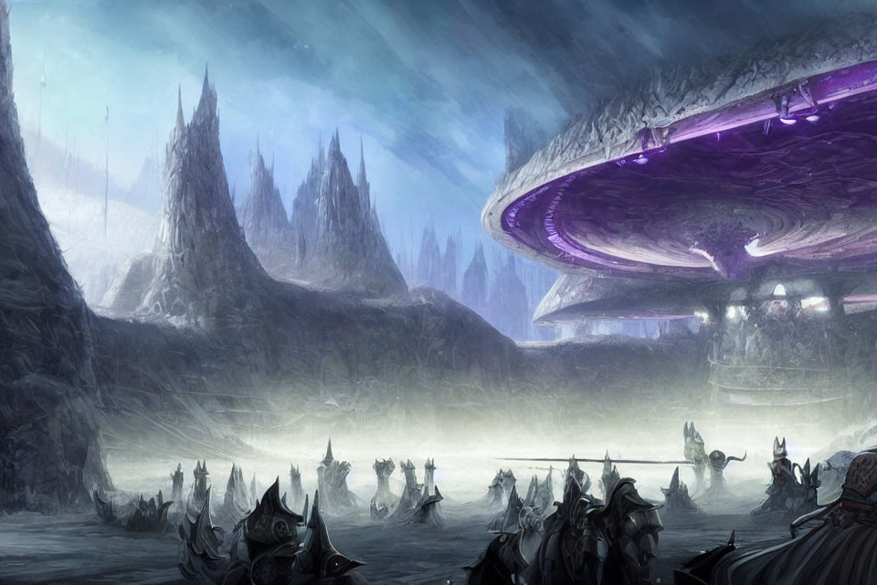 Icy landscape with alien spaceship emitting purple glow