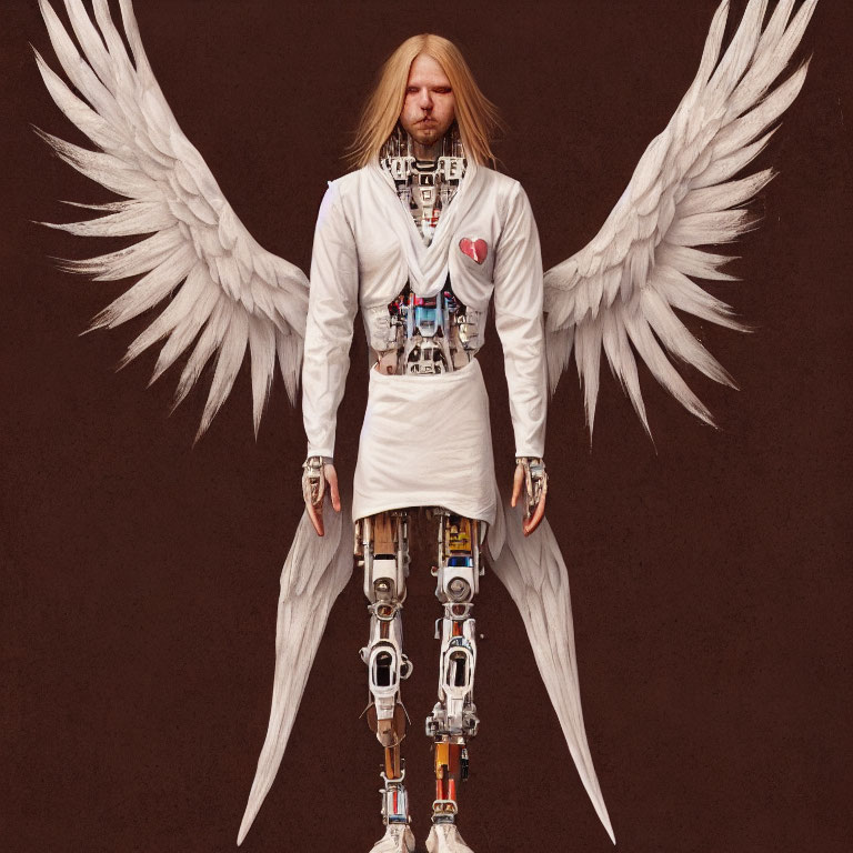 Blonde person with angel wings and robotic legs in white outfit