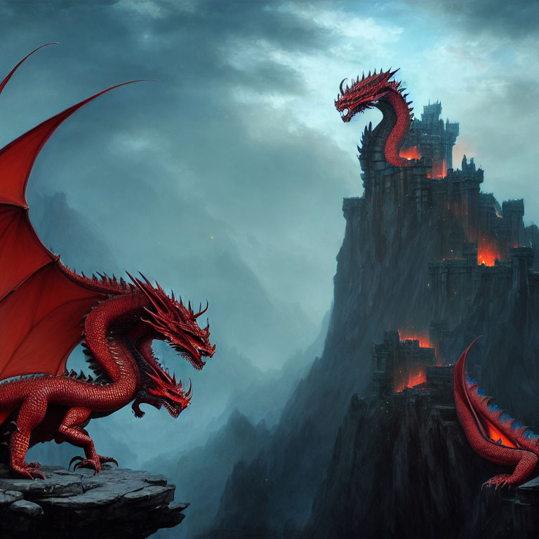 Red dragon perched on cliff near dark fortress under cloudy sky