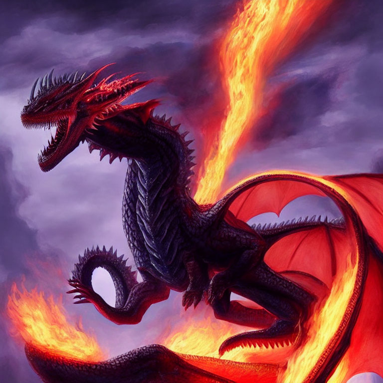 Black dragon breathing fire under purple sky