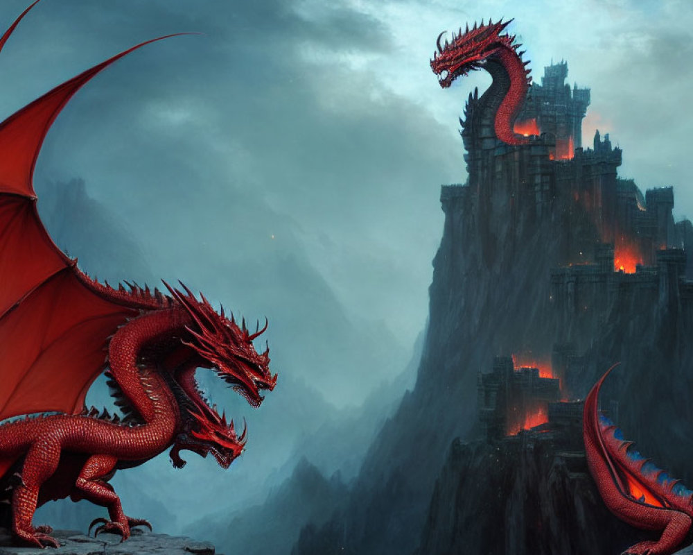 Red dragon perched on cliff near dark fortress under cloudy sky