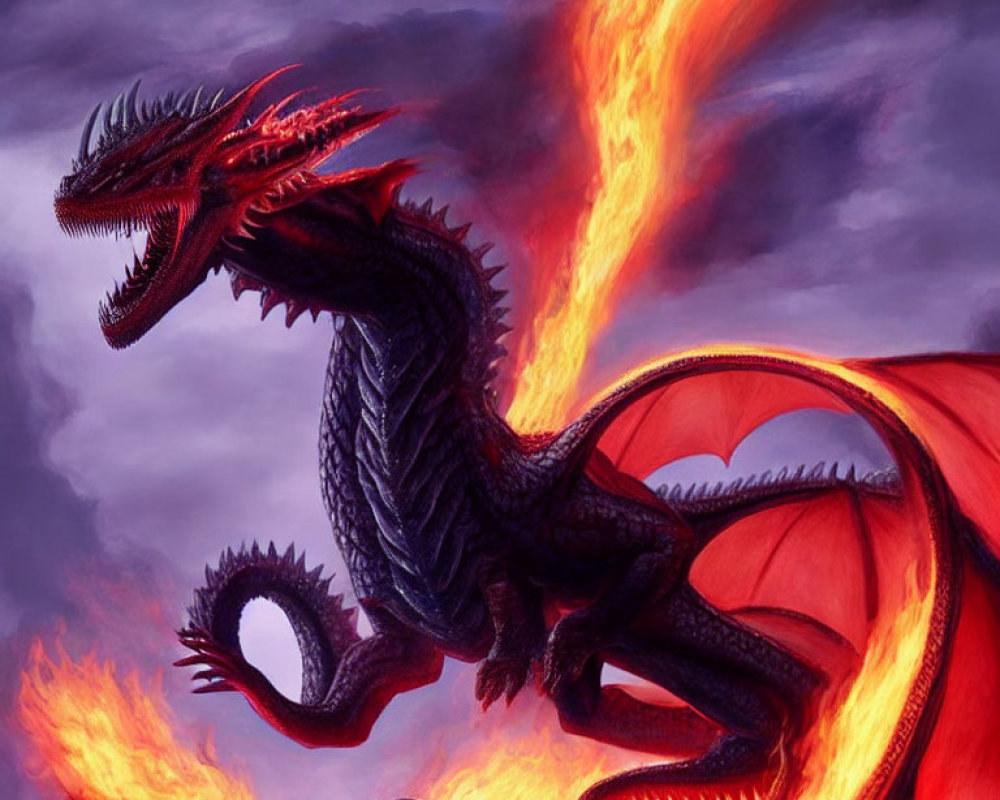 Black dragon breathing fire under purple sky