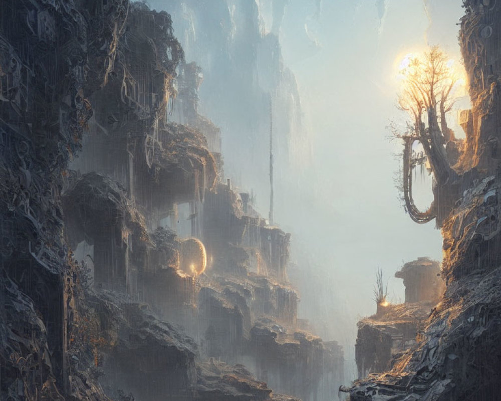 Ethereal cliffside city with ruins, glowing circle, solitary tree in mist