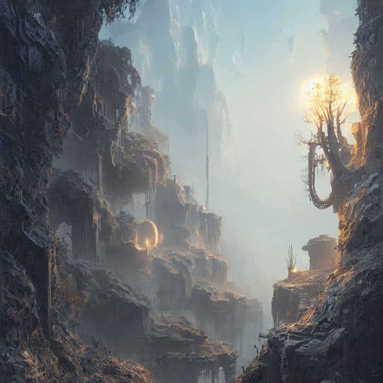 Ethereal cliffside city with ruins, glowing circle, solitary tree in mist