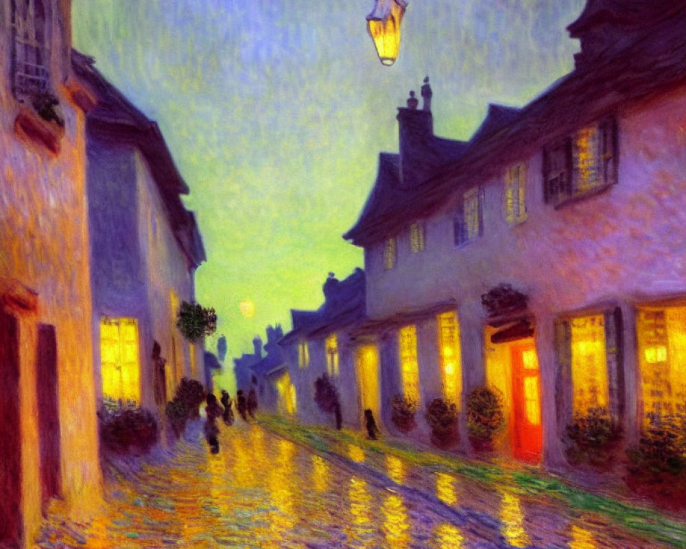 Impressionist-style painting of quaint street at dusk