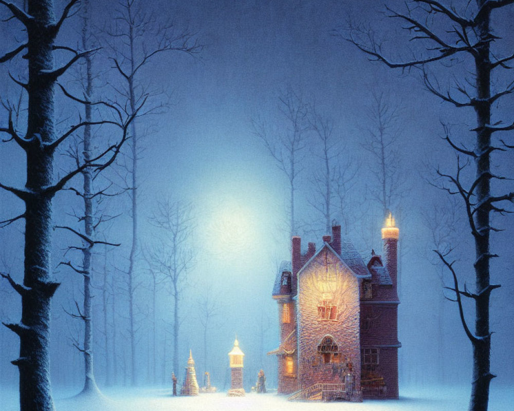 Snowy Night Cottage Illuminated by Soft Glowing Light