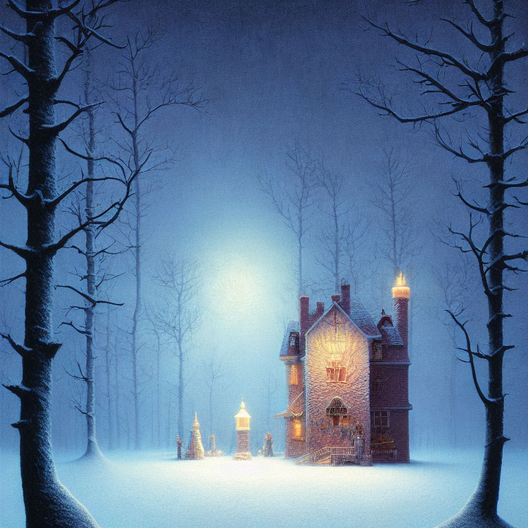 Snowy Night Cottage Illuminated by Soft Glowing Light