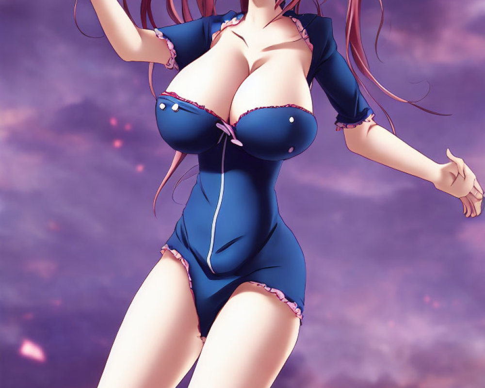 Pink-haired character in blue swimsuit against purple sky.