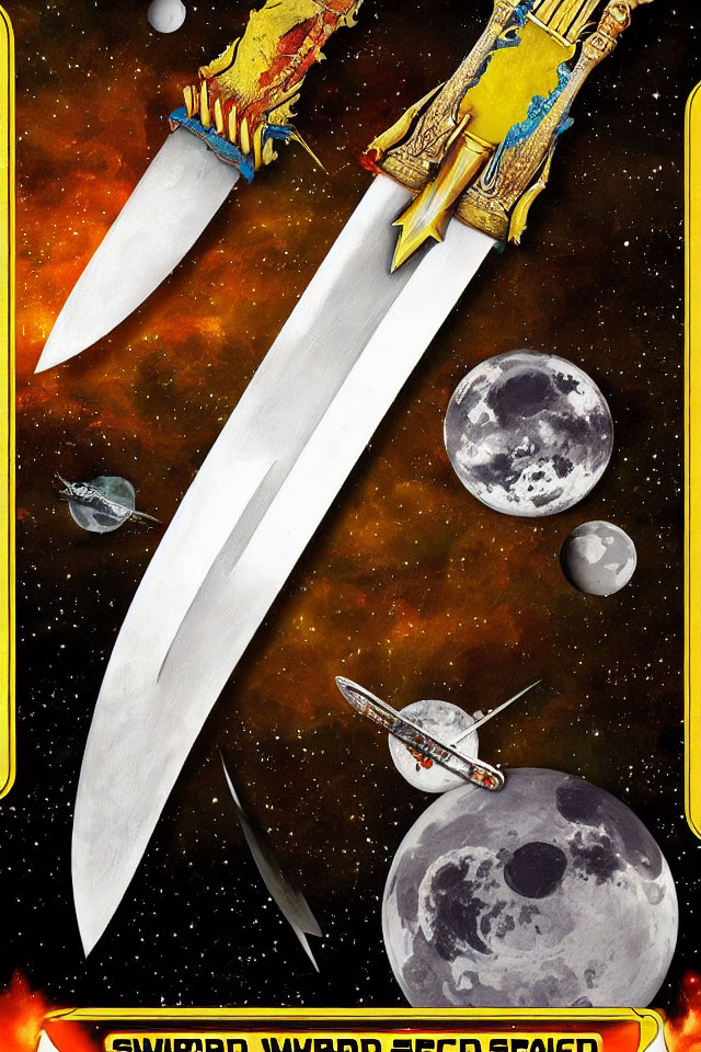 Tarot card-style illustration featuring giant hand holding a sword surrounded by planets and fiery base.