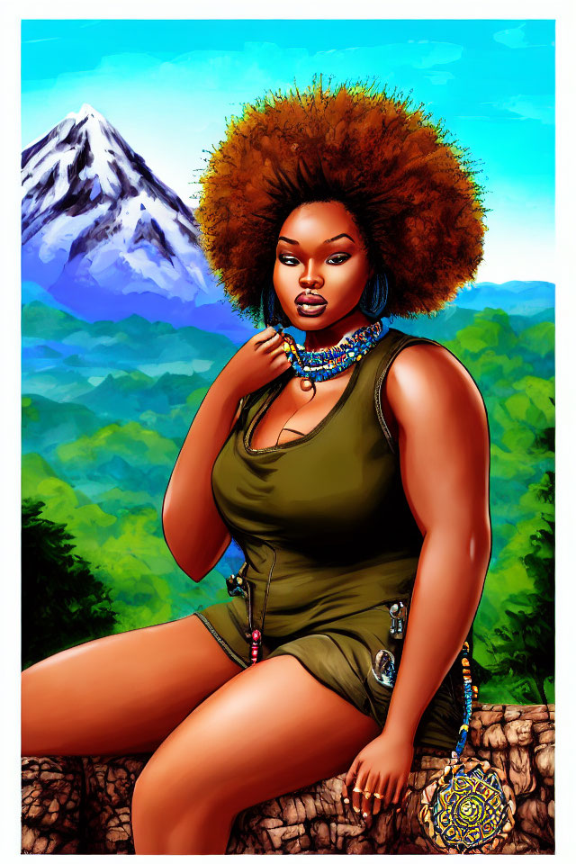 Colorful illustration: Confident woman with afro in green outfit on log, mountain backdrop