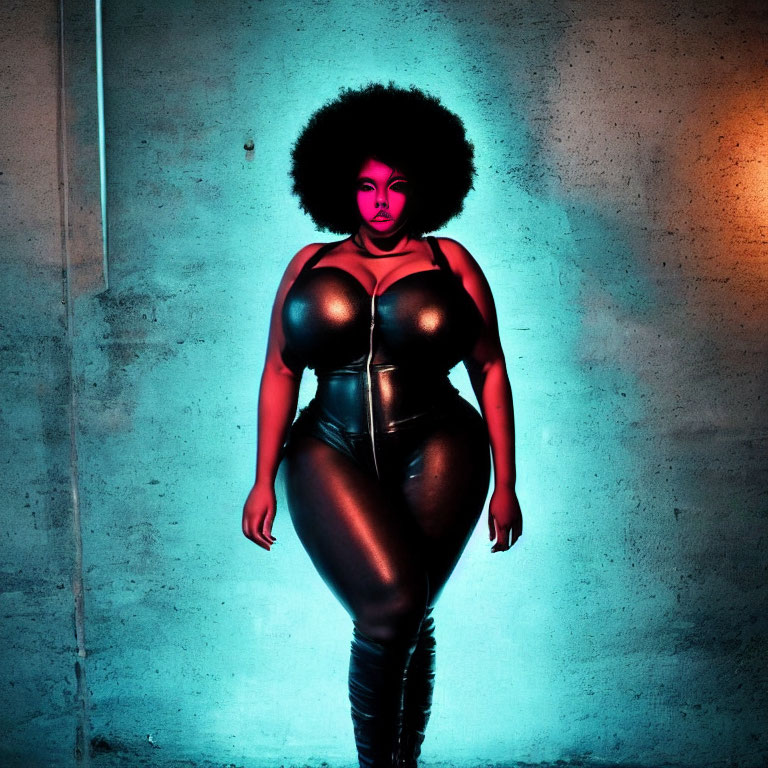 Confident person with full afro in black bodysuit against colorful lit wall