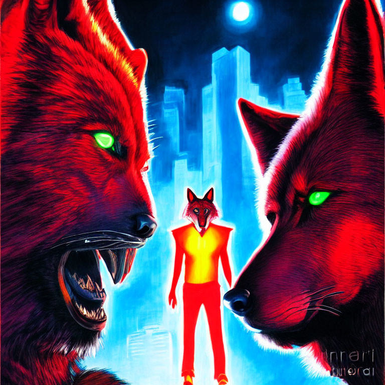 Person in Red Fox Costume with Two Snarling Wolves in Night Cityscape