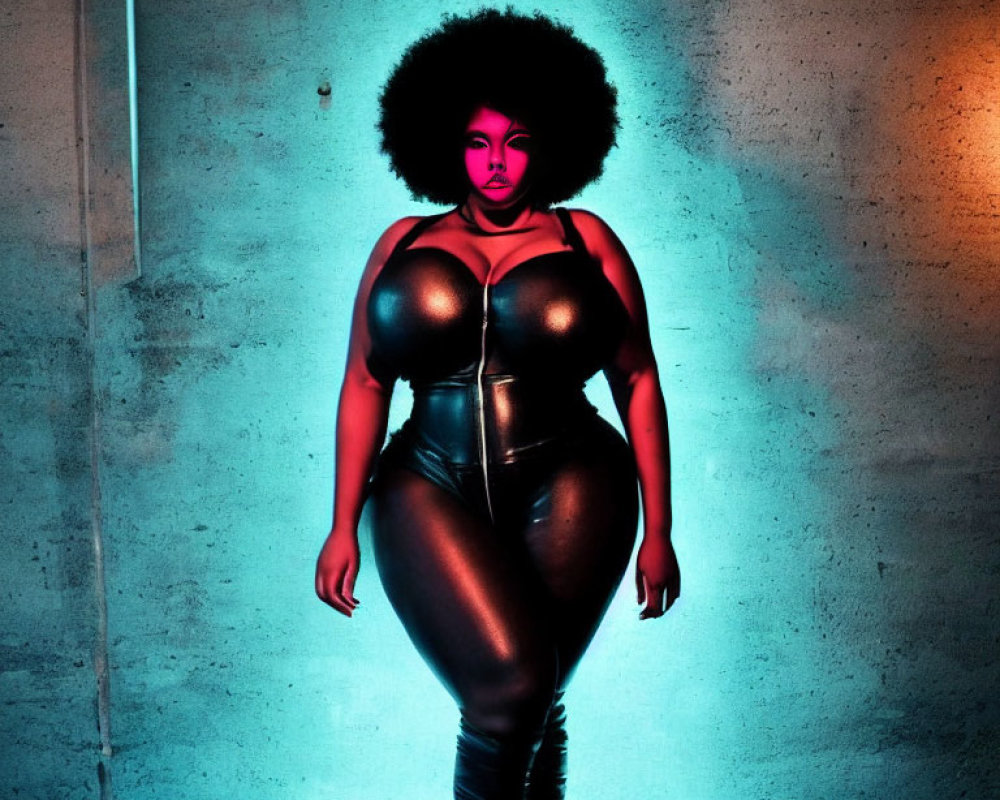 Confident person with full afro in black bodysuit against colorful lit wall