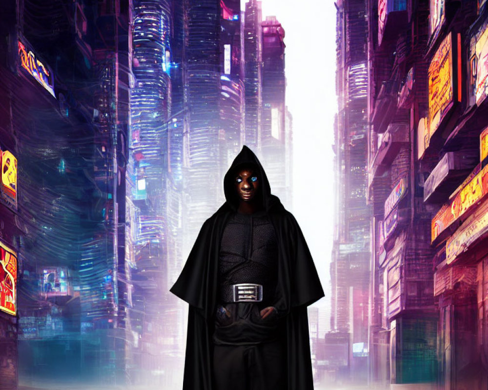 Mysterious figure in dark cloak and mask in neon-lit cityscape