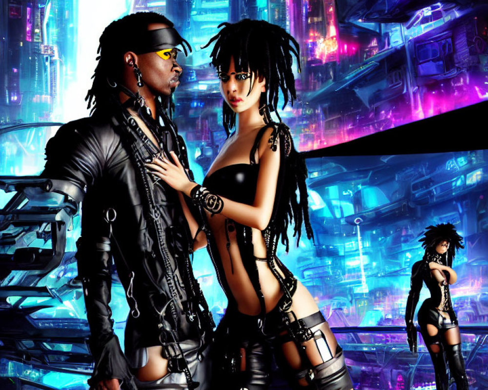 Futuristic cyberpunk characters in black outfits against neon-lit cityscape