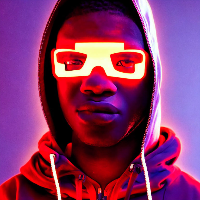 Person in Red Neon Glasses and Hoodie Against Blue and Purple Background