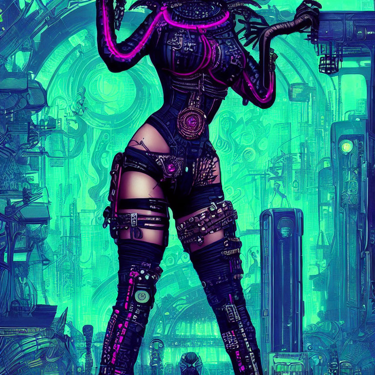 Purple tentacle robotic figure in futuristic setting